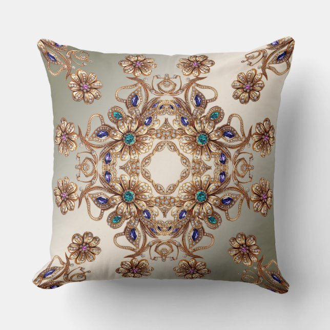 Cojín Decorativo Elegant Gold Jewel Flowers Throw Pillow (Anverso)
