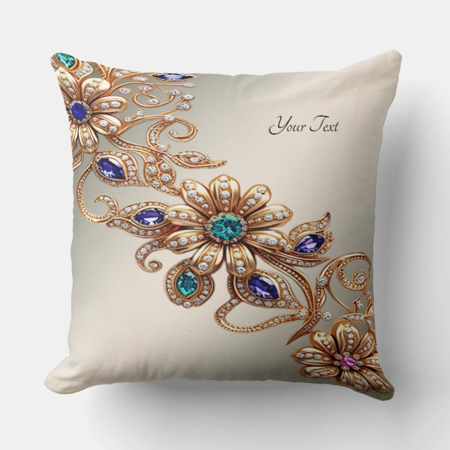Cojín Decorativo Elegant Gold Jewel Flowers Throw Pillow (Anverso)