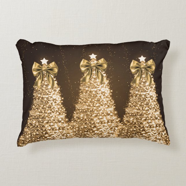 Cojín Decorativo Elegant Gold Sparkling Christmas Trees & Bows  (Anverso)