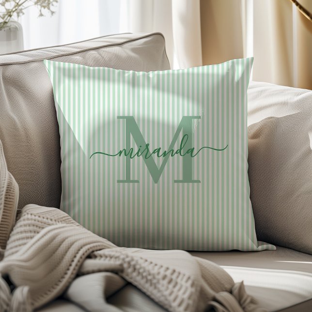 Cojín Decorativo Elegant Green & White Stripes Monogram Name (Subido por el creador)