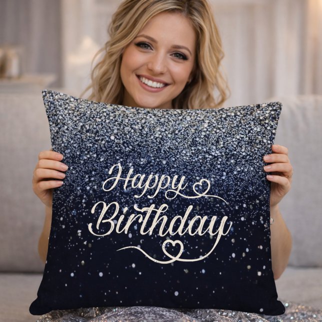 Cojín Decorativo Elegant Navy Glitter Happy Birthday Throw Pillow (Subido por el creador)