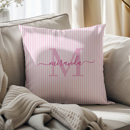 Cojín Decorativo Elegant Pink & White Stripes Monogram Name
