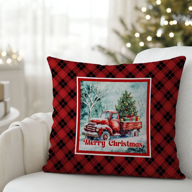 Cojín Decorativo Elegant red truck winter scene rustic festive  (Classic Christmas  THROW PILLOW,
modern Traditional red truck car,
watercolor cozy Christmas scene,
)