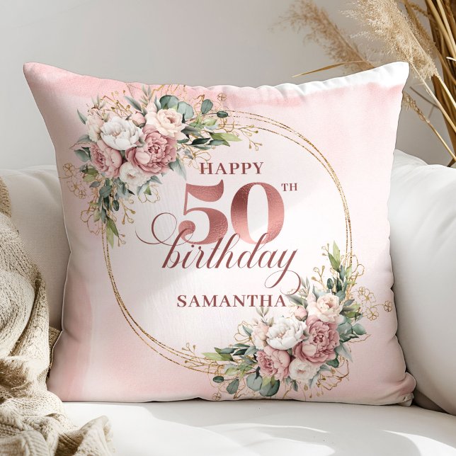 Cojín Decorativo Elegant Rose Gold Greenery 50th Birthday Pillow  (Elegant Rose Gold Greenery 50th Birthday Pillow Gift)