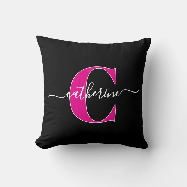 Cojín Decorativo Elegant Script Minimalist Black Pink Monogram Name (Anverso)