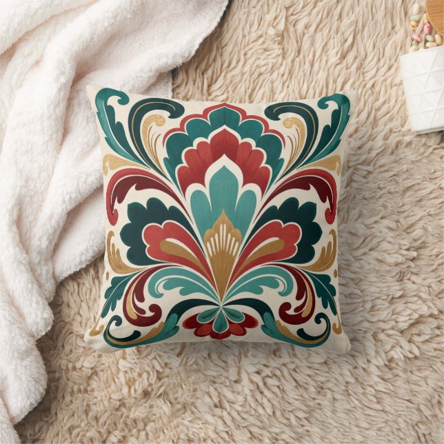 Cojín Decorativo Elegant Teal–Red Ornamental Bloom (Manta)