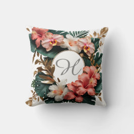 Cojín Decorativo Elegant Tropical Hibiscus Gold Monogram Pillow