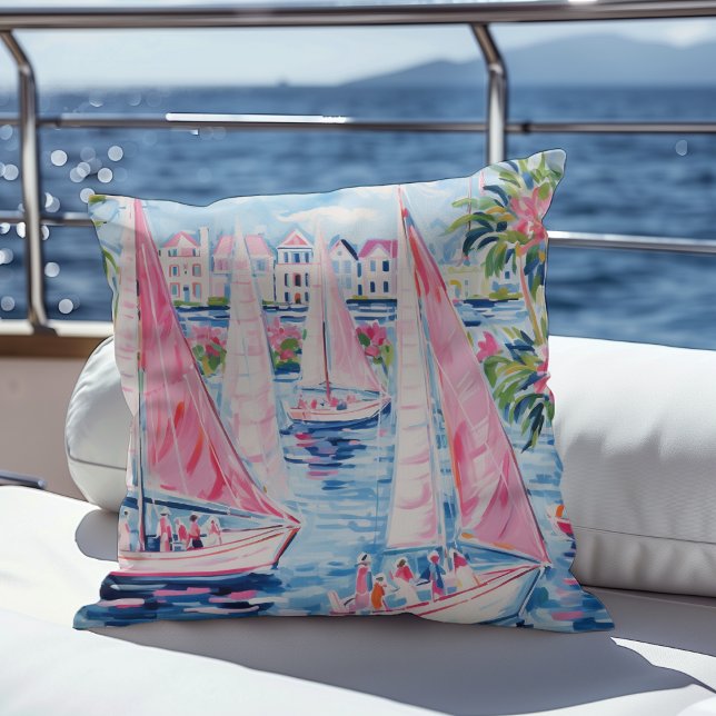 Cojín Decorativo Elegante acuarela Barcos de vela rosados Costa Tro (Subido por el creador)