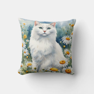 Cojín Decorativo Elegante acuarela de gato blanco con flores de mar