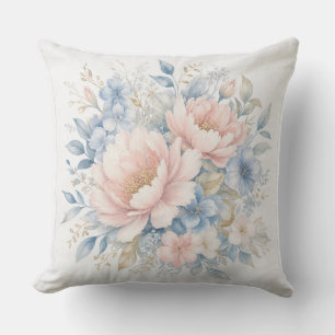 Cojín Decorativo Elegante acuarela floral en azul polvoriento rosa