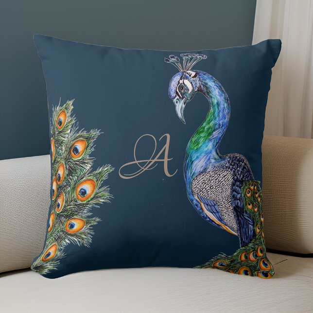 Cojín Decorativo Elegante acuarela Monograma de Peacock (Subido por el creador)