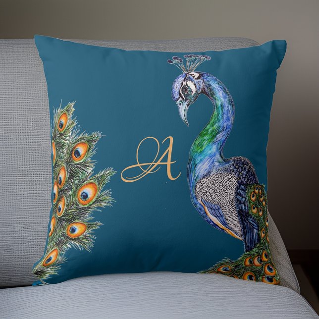 Cojín Decorativo Elegante acuarela Monograma de Peacock (Subido por el creador)