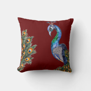 Cojín Decorativo Elegante acuarela Peacock Borgoña