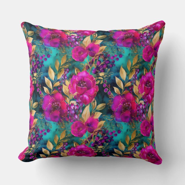 Cojín Decorativo Elegante acuarela Púrpura y Flores Verde azuladas (Anverso)