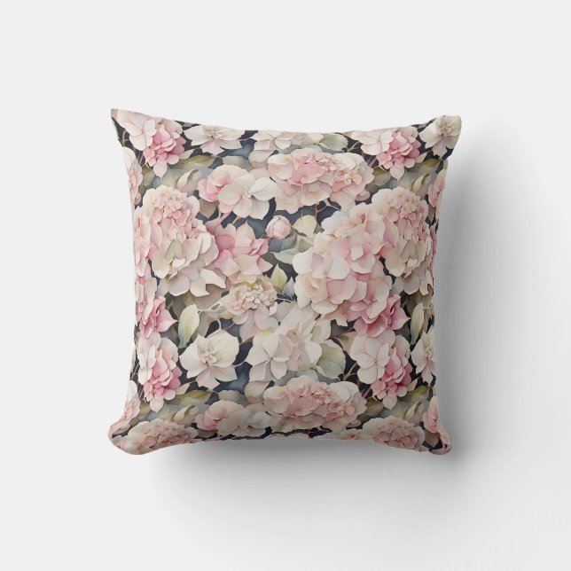 Cojín Decorativo Elegante acuarela rosa hidrangeas florales (Anverso)