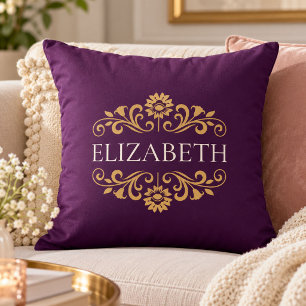 Cojín Decorativo Elegante Almohadón de Terciopelo Morado y Dorado c