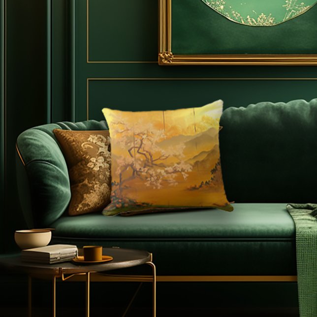 Cojín Decorativo Elegante "Amanecer Dorado" inspirado en Asia (Stylish Edo-Japan Era Cherry Blossom Decorative Asian Throw Pillow)