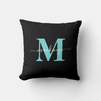 Cojín Decorativo Elegante Aqua Blue Black Monograma Nombre