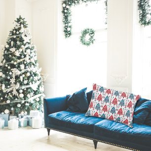 Cojín Decorativo Elegante árbol de Navidad escandinavo rojo azul