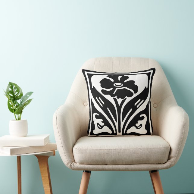 Cojín Decorativo Elegante Art Nouveau Flor Blanca Negra (Silla)