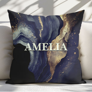 Cojín Decorativo Elegante arte de mármol azul con brillo dorado fal