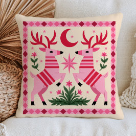 Cojín Decorativo Elegante arte popular de ciervos rosados del bosqu