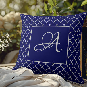 Cojín Decorativo Elegante azul marino damasco marroquí monograma
