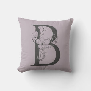 Cojín Decorativo Elegante B Boho Floral Monograma Inicial Lila Gris