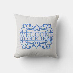 Cojín Decorativo Elegante Bienvenida a Nuestro Hogar Frase Azul Gri