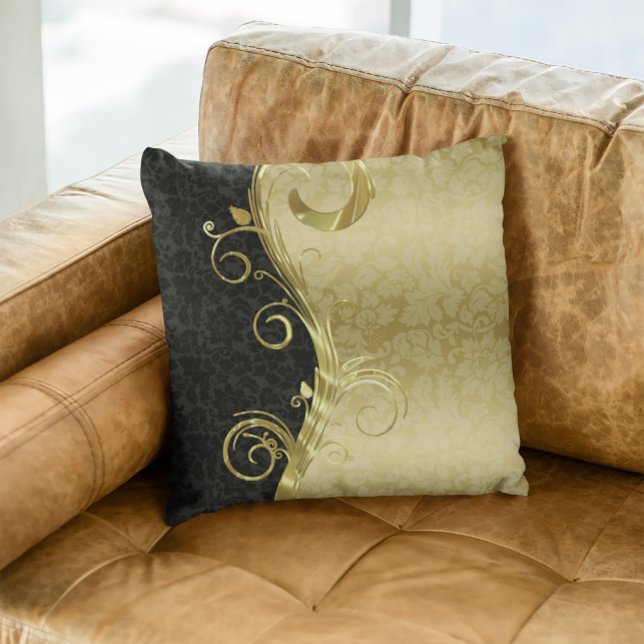 Cojín Decorativo Elegante Black Damask Gold Swirls (Subido por el creador)