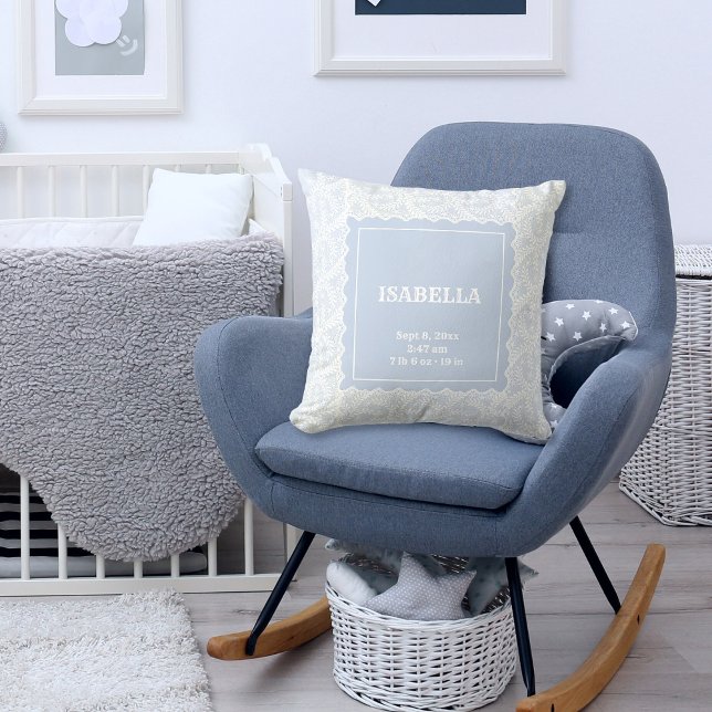 Cojín Decorativo Elegante Blue Faux Lace Niño Chica Nursery (newborn pillow with name and birth stats in blue with white lace)