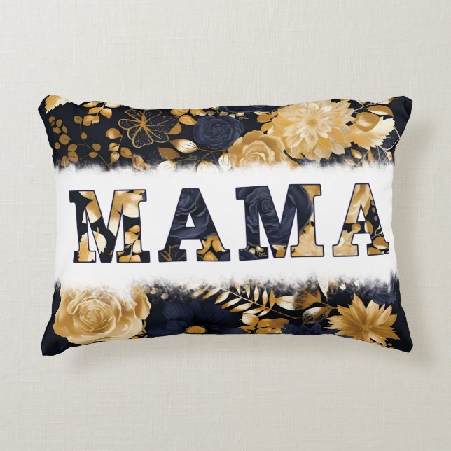 Cojín Decorativo Elegante Blue + Gold Floral MAMA Presente De Niños (Anverso)