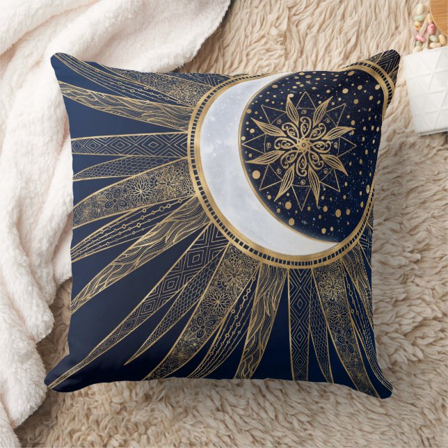Cojín Decorativo Elegante Blue Gold Sun Moon Mandala (Manta)