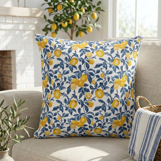 Cojín Decorativo Elegante Botánico de Limón Mediterráneo (Elegant mediterranean lemon  botanical pattern throw pillow)