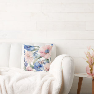 Cojín Decorativo Elegante Bungalow rosa y azul de flores