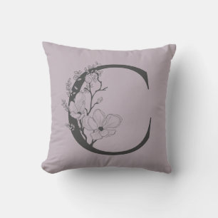 Cojín Decorativo Elegante C Boho Floral Monograma Inicial Lila Gris