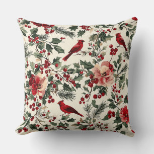 Cojín Decorativo Elegante Cardenal Rojo Invierno Botánico Crema