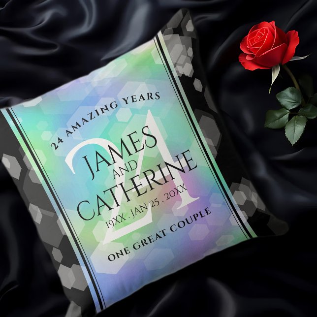 Cojín Decorativo Elegante celebración del 24° Aniversario del Boda  (24th Opal Wedding Anniversary Throw Pillow on Black Satin Cover Photo)