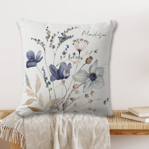 Cojín Decorativo Elegante Chic Monograma Flor de Acuarela Azul