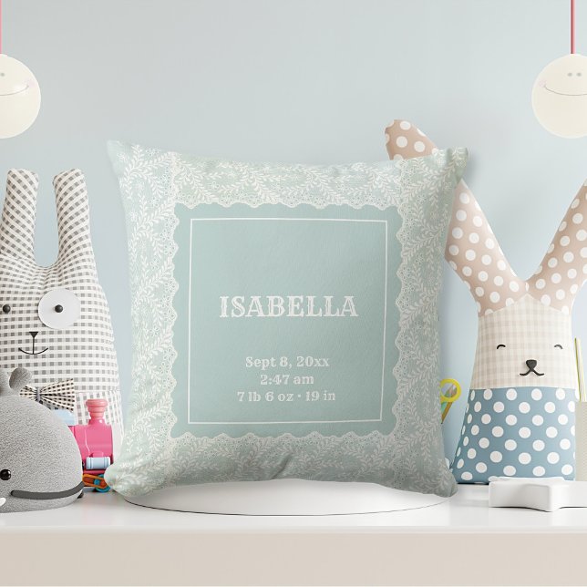 Cojín Decorativo Elegante Chica Faux Lace Boy Green Faux (newborn baby throw pillow with name and stats in seafoam green with lace)