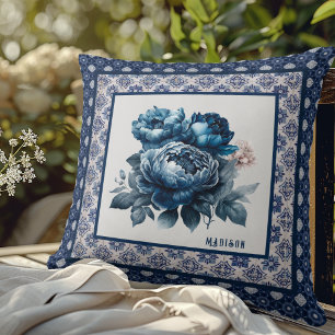 Cojín Decorativo Elegante Chinoisería Toile Floral Monograma Azul