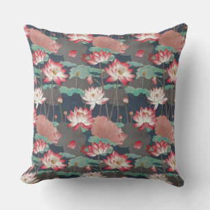 Cojín Decorativo Elegante Chinoiserie Floral de Loto Rojo y Marrón