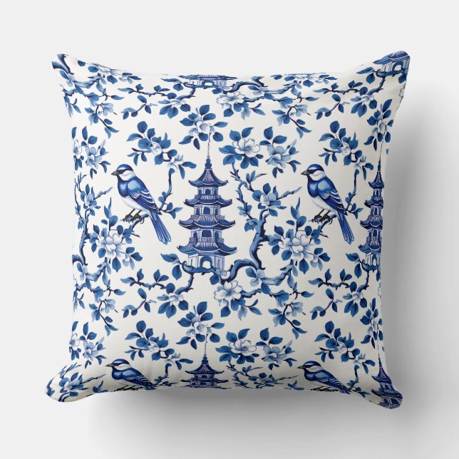 Cojín Decorativo Elegante Chinoiserie Pagoda and Birds (Anverso)