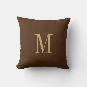 Cojín Decorativo Elegante color marrón sólido con monograma dorado
