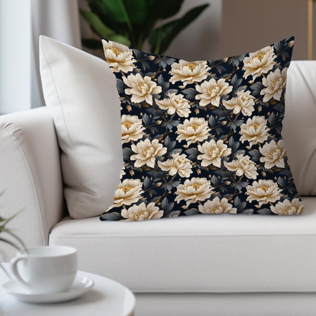 Cojín Decorativo Elegante crema floral negro Verde azulado (Cream-colored floral on black decorator pillow)