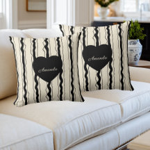 Elegante crema y rayas negras Corazón Nombre perso