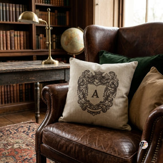 Cojín Decorativo Elegante Cresta de Monograma Heráldico Beige