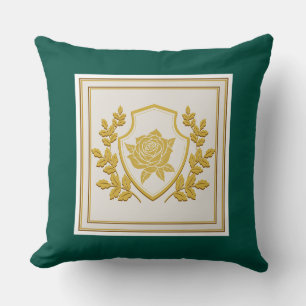 Cojín Decorativo Elegante Cresta Real Rosa Dorada – Verde Esmeralda