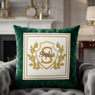 Cojín Decorativo Elegante Crestón Monograma Verde Esmeralda y Dorad