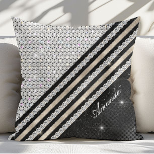 Cojín Decorativo Elegante cristal falso plateado y negro Personaliz